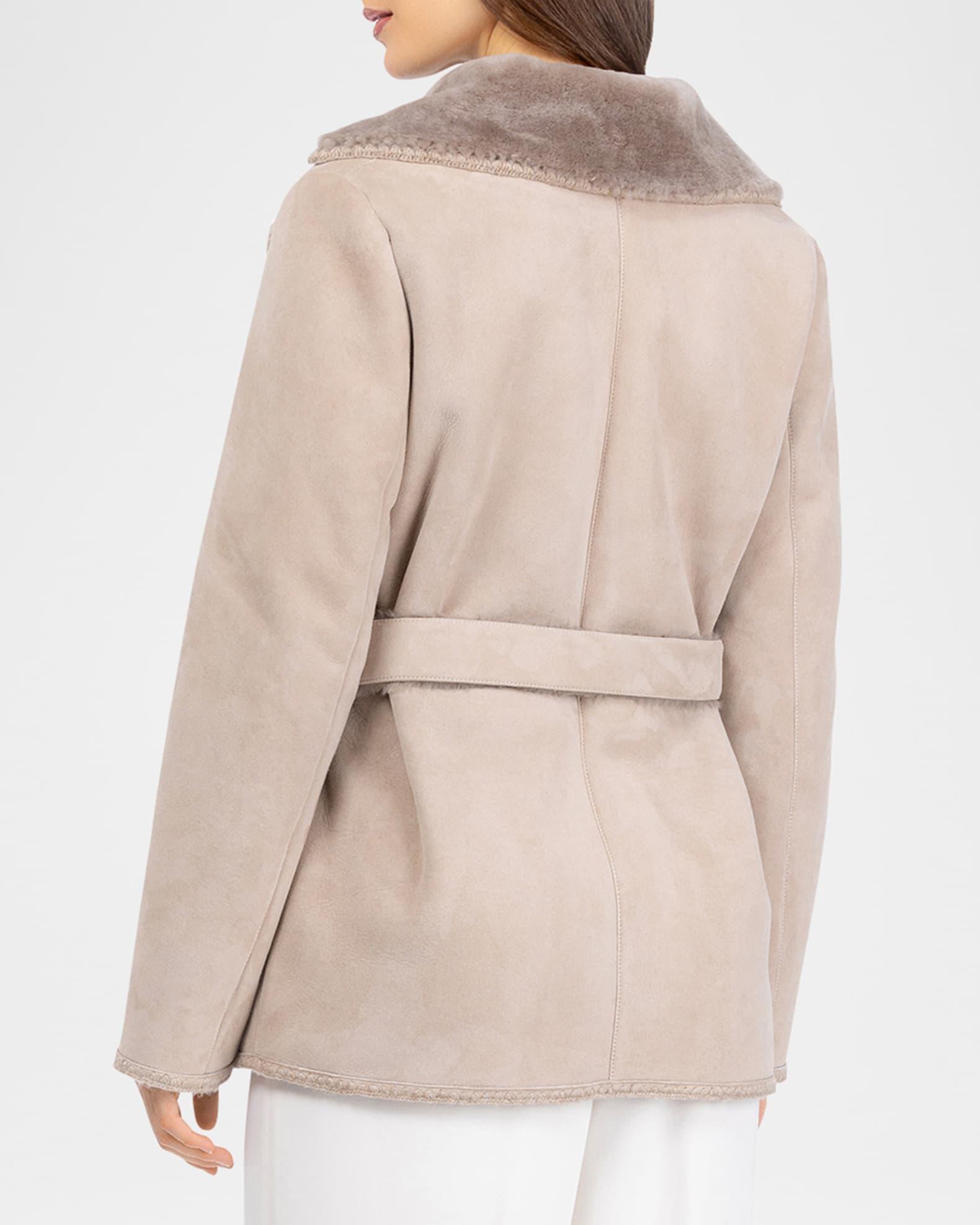 Merino Shearling Lamb Belted Jacket With Whipstitch Trim Product Image