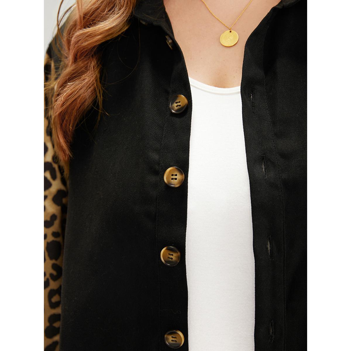 Plus Size Leopard Patchwork Contrast Button Up Coat Women Black Contrast Pocket Dailywear Jackets BloomChic 22-24/3X Product Image