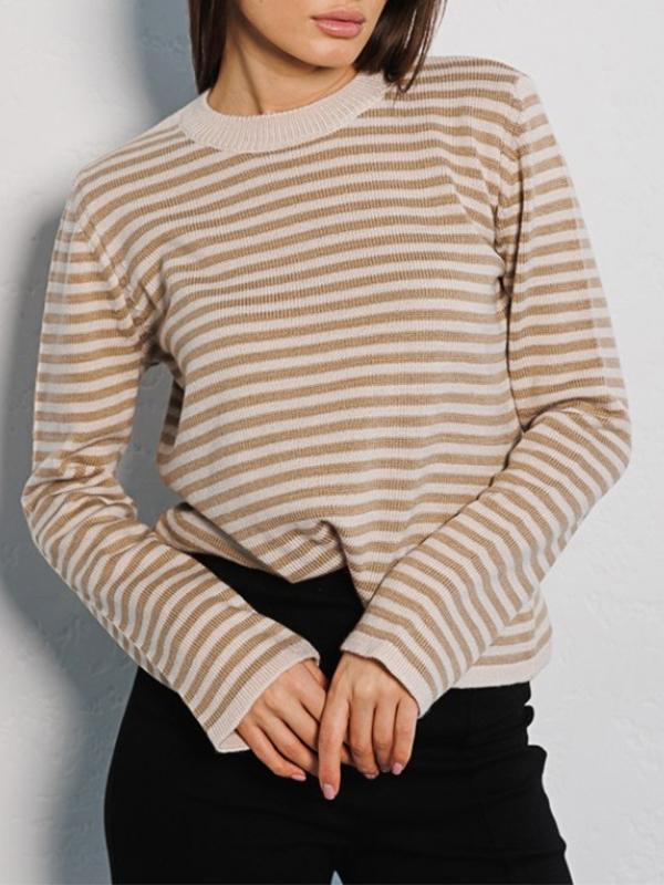 Contrast Color Striped Crew Neck Ribbed Knit Sweater Product Image