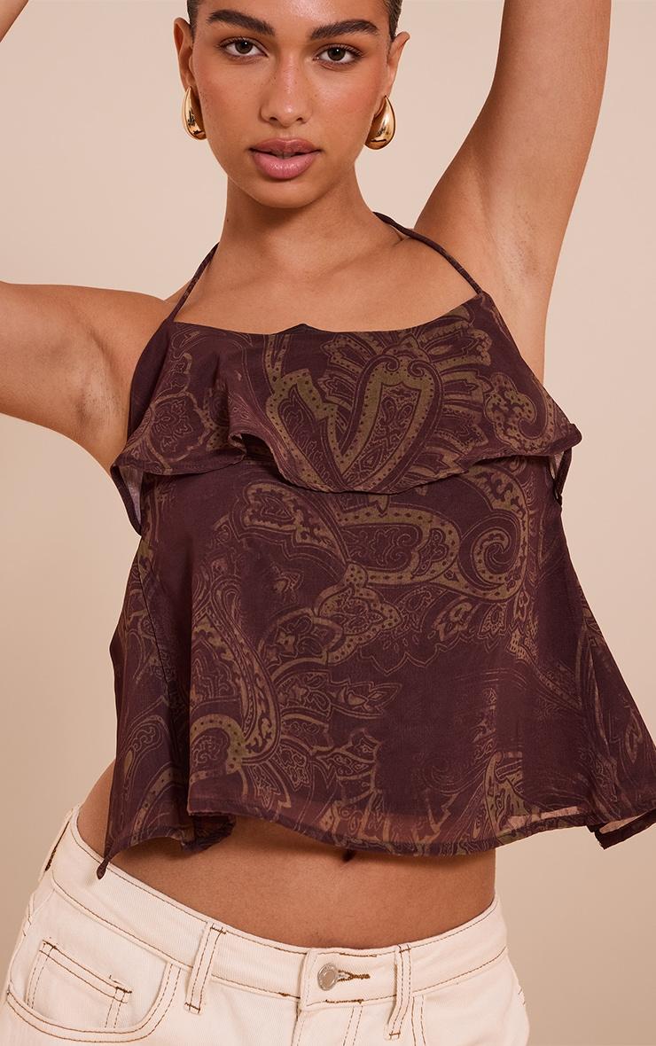 Brown Paisley Print Chiffon Halter Cami Top Product Image