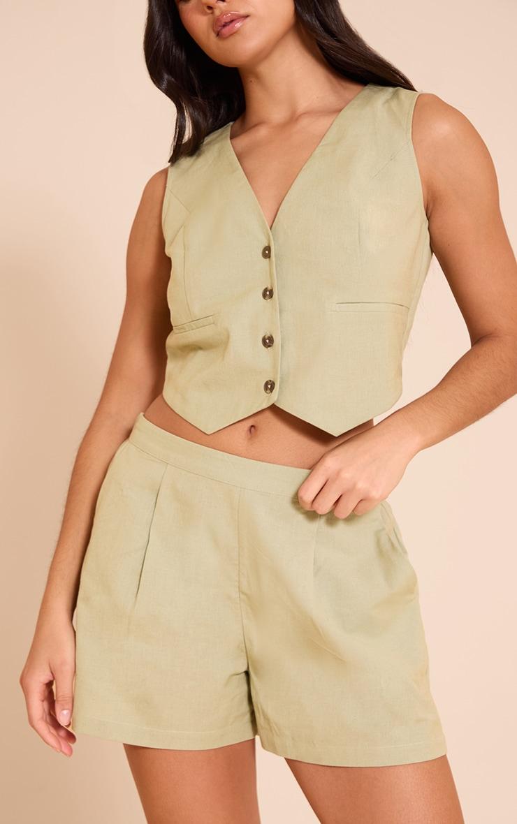  Sage Green Linen Look Oversized Detail Floaty Short Product Image