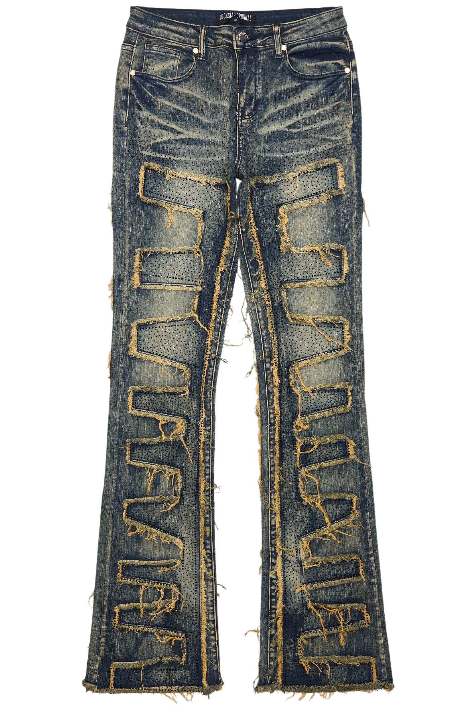 Zariyah Tinted Dark Wash Rhinestone Stacked Flare Jean Female Product Image