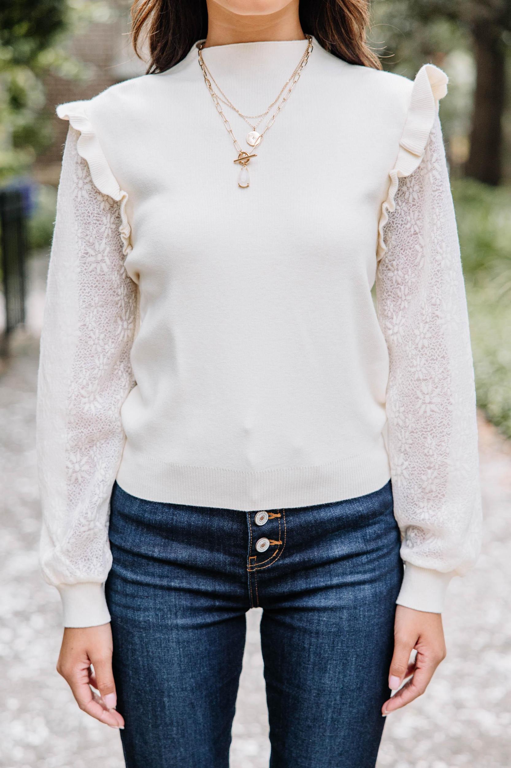 All Around The Way Natural White Ruffled Sweater Female Product Image