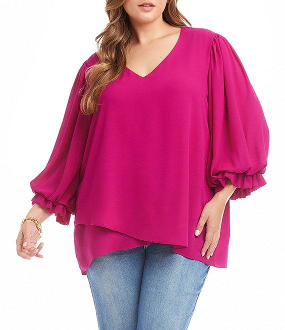 Karen Kane Plus Size V-Neck 3/4 Lantern Sleeves Asymmetric Layered Hem Top Product Image
