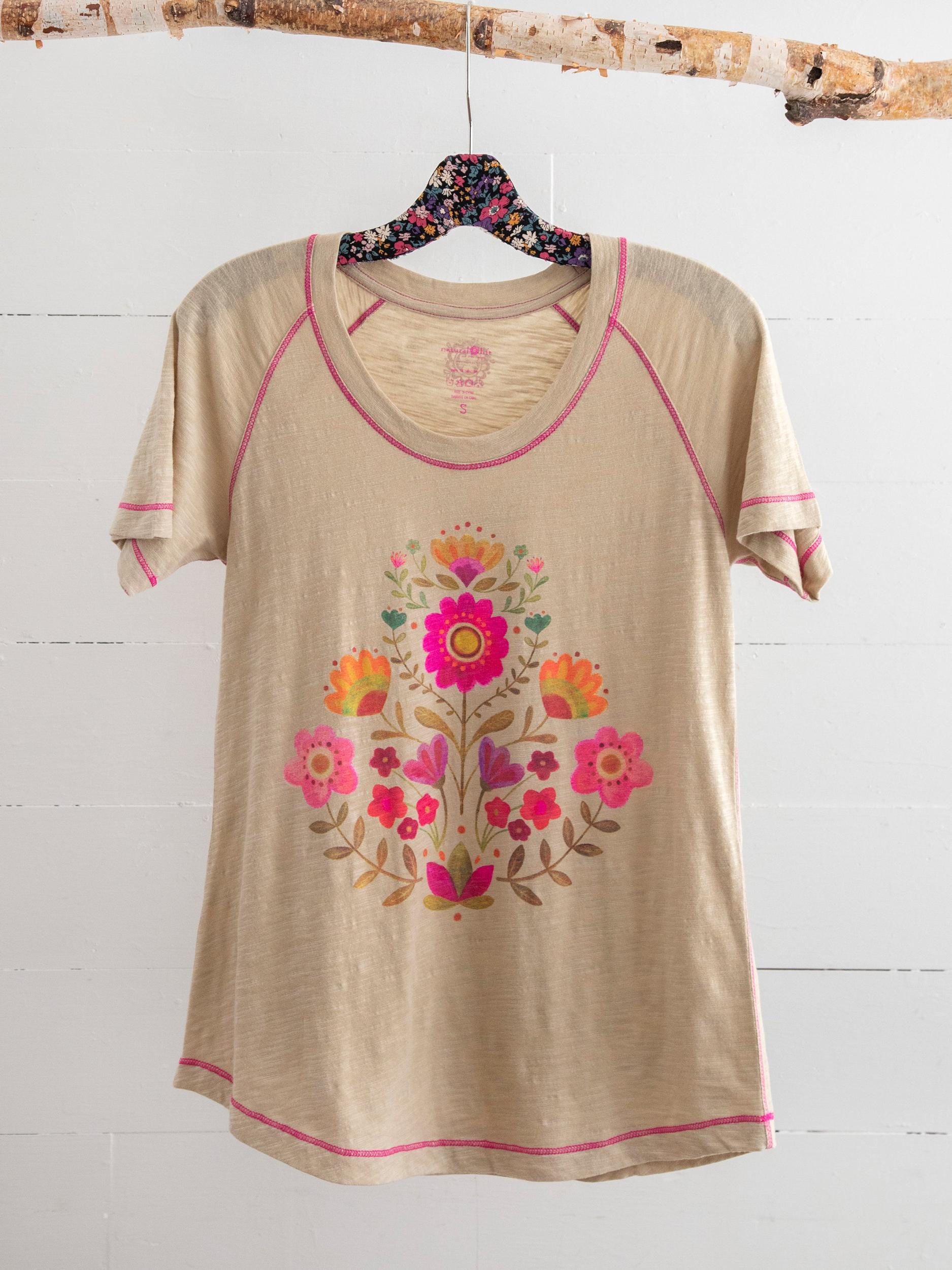 Boho Cotton Tee Shirt - Cream Folk Flower Product Image