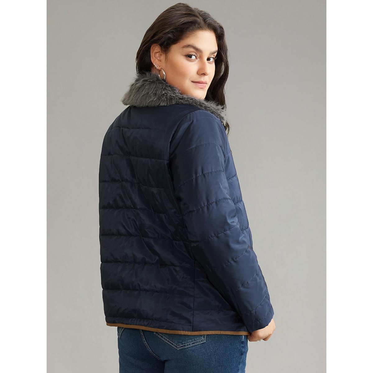 Plus Size Fuzzy Trim Patchwork Zipper Padded Jacket Women Indigo Zipper Pocket Dailywear Jackets BloomChic 26/4X Product Image
