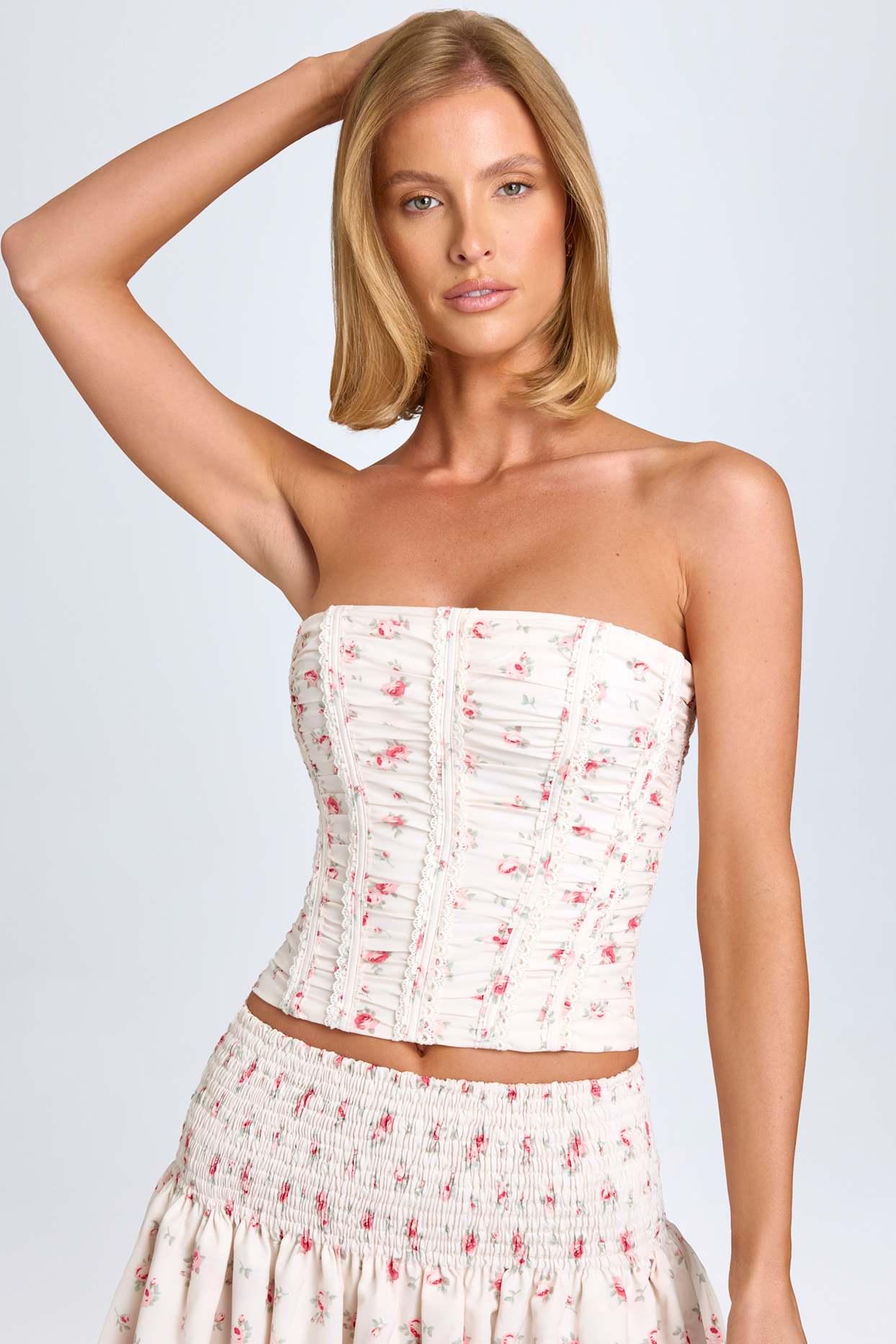 Ruched Lace-Up Corset Top in Small Rose Print Product Image