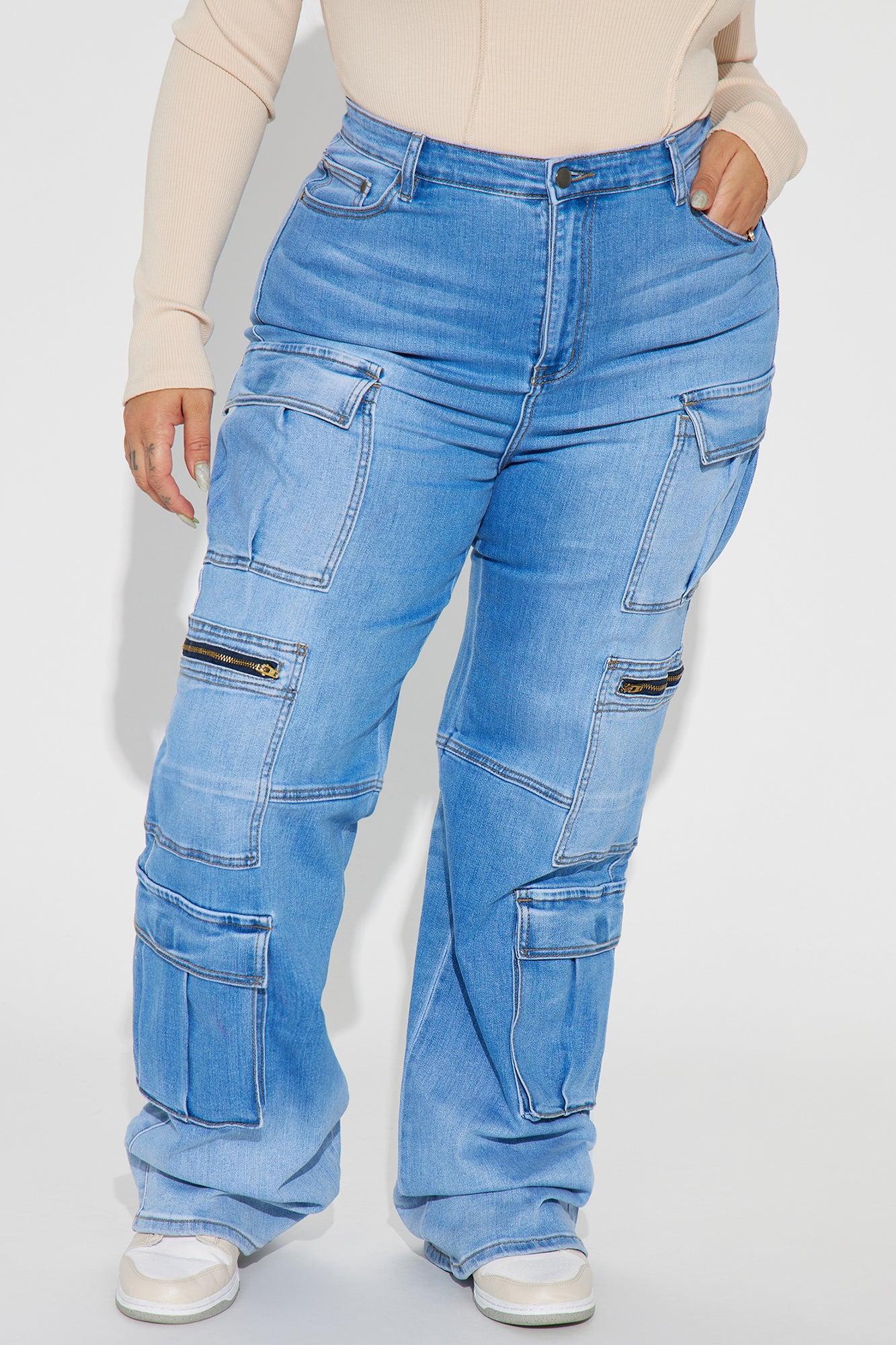 Back Talking Stretch Straight Cargo Jeans - Medium Wash Product Image
