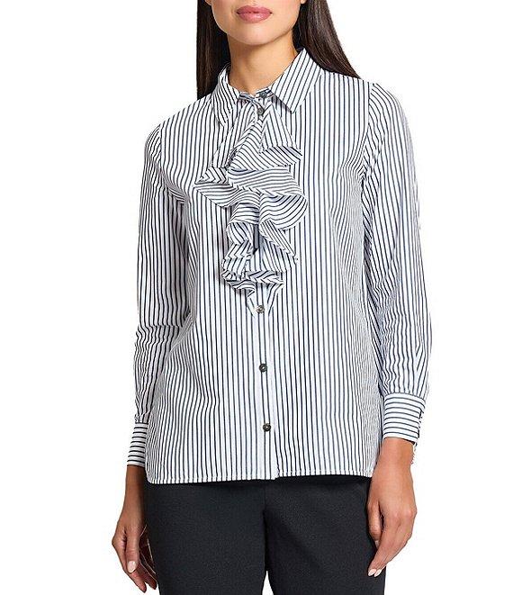 Ming Wang x Tanya Foster Cotton Pinstripe Point Collar Water Fall Long Sleeve Blouse Product Image