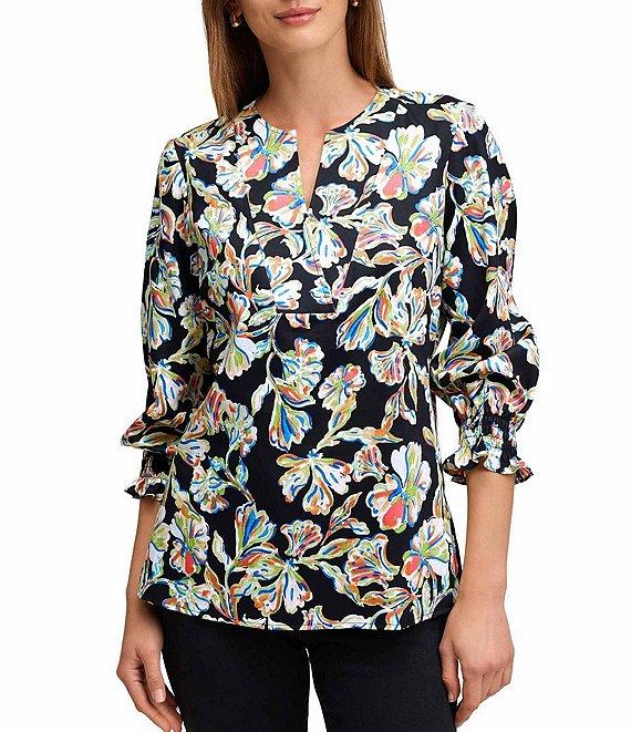 Foxcroft Alicia Wrinkle-Free Floral Cotton Sateen Split V-Neck 3/4 Sleeve Button-Front Shirt Product Image