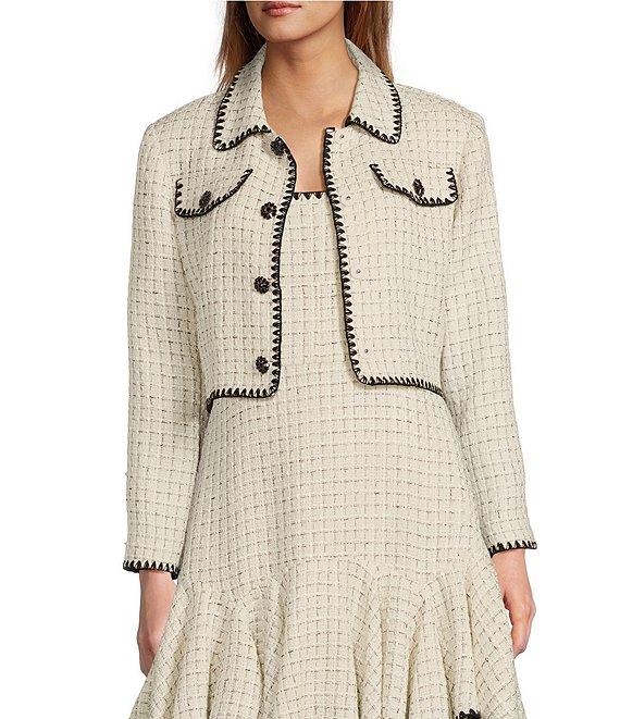 Antonio Melani Alaiya Tweed Rhinestone Point Collar Long Sleeve Button Front Cropped Jacket Product Image