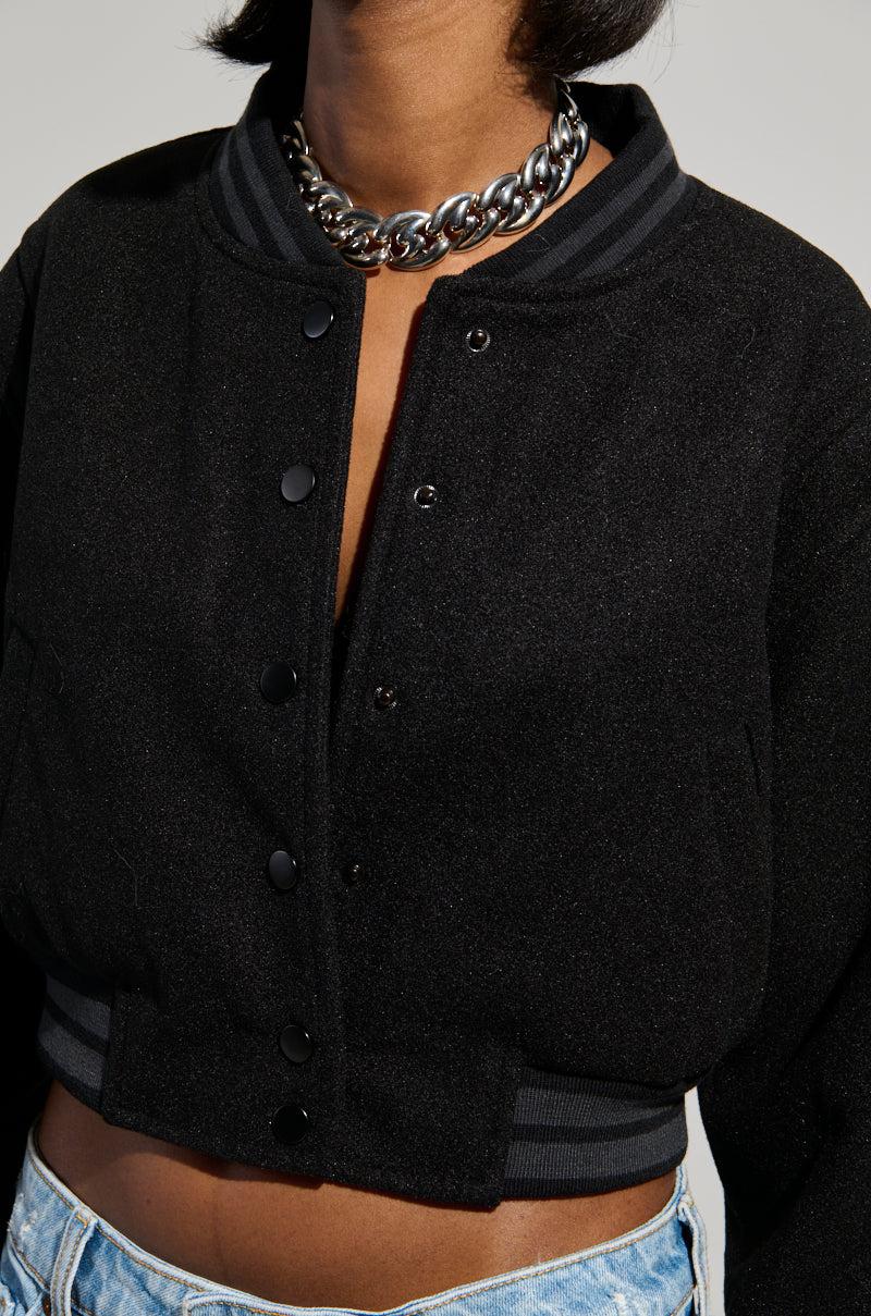 DAVIS EVERYDAY CROPPED VARSITY BOMBER IN BLACK Product Image