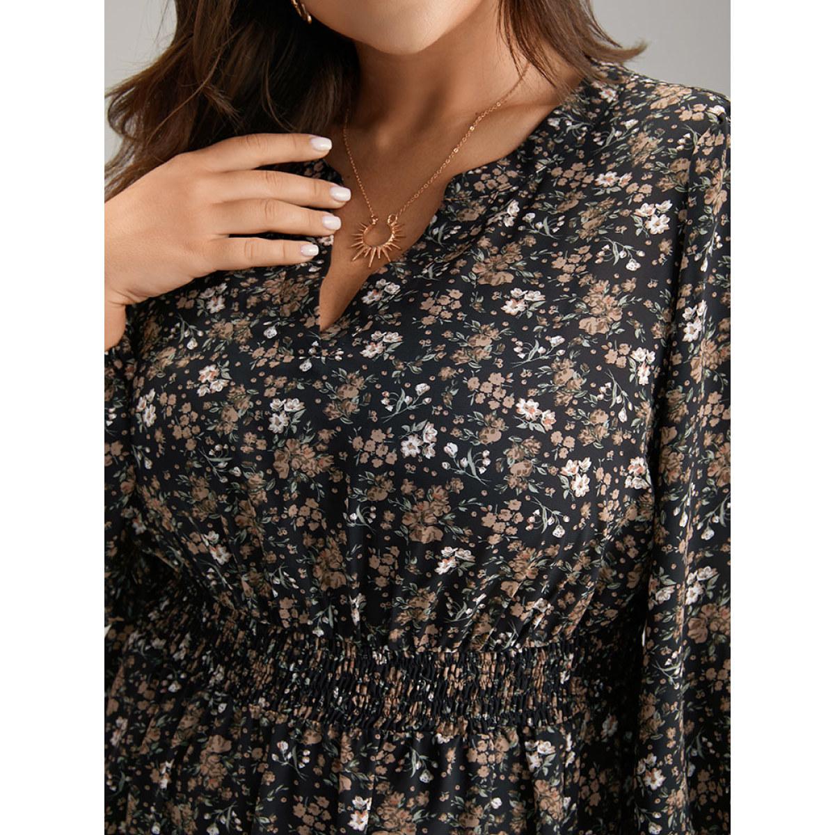 Plus Size Ditsy Floral Notched Flutter Hem Dress Black Women Elegant Elastic cuffs Notched collar Long Sleeve Curvy Midi Dress BloomChic 14-16/1X Product Image