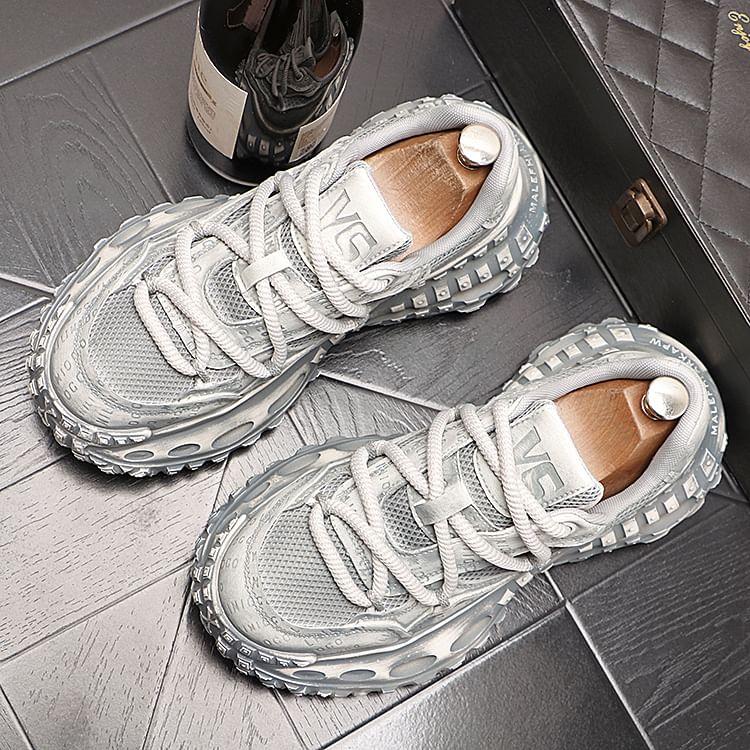 Platform Lettering Debossed Mesh Panel Lace-Up Sneakers Product Image