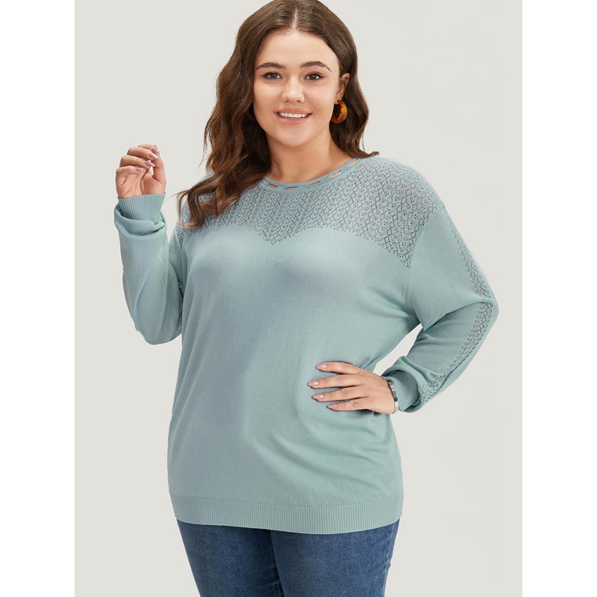 Plus Size Plain Eyelet Patchwork Drop Shoulder Pullover LightBlue Women Casual Loose Long Sleeve Round Neck Dailywear Pullovers BloomChic 26/4X Product Image