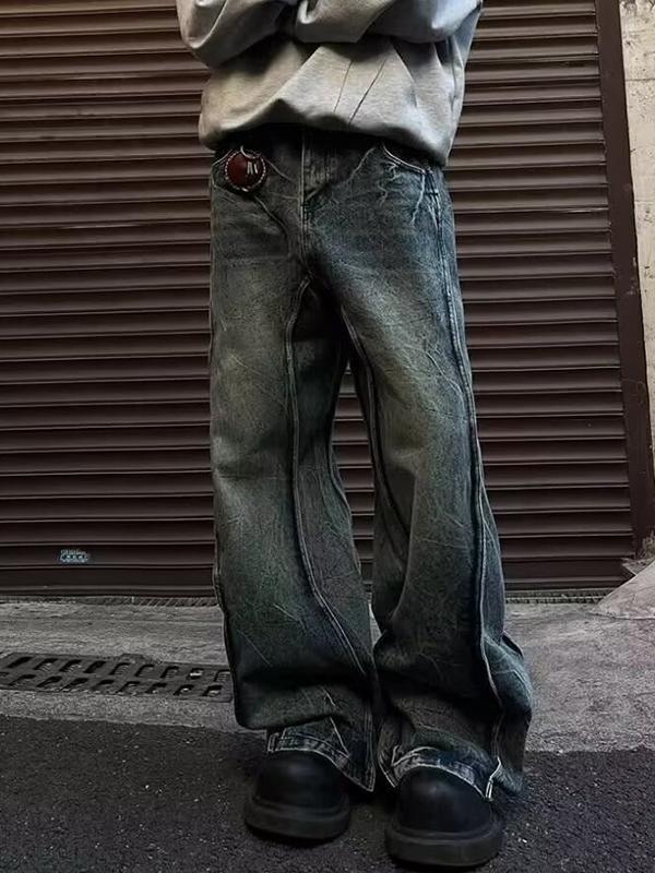 Washed Patchwork Design Loose Jeans Product Image