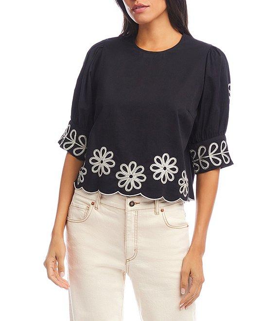 Karen Kane Embroidered Round Neck 3/4 Sleeve Scalloped Hem Top Product Image