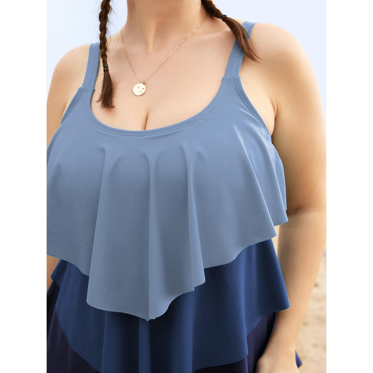 Plus Size Colorblock Contrast Ruffle Layered Hem Tankini Top Women's Swimwear Indigo Beach Non High stretch Bodycon U-neck Curve Swim Tops BloomChic 30/6X Product Image