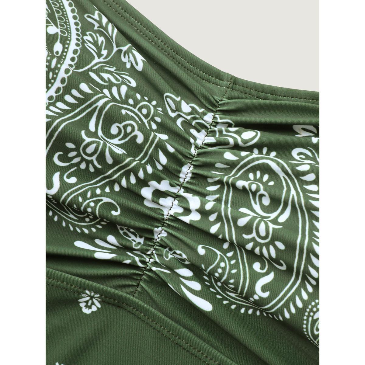 Plus Size Paisley Print Ruched One-Piece Swimsuit Women's Swimwear ArmyGreen Beach Gathered Curve Bathing Suits High stretch One Pieces BloomChic 30/6X Product Image