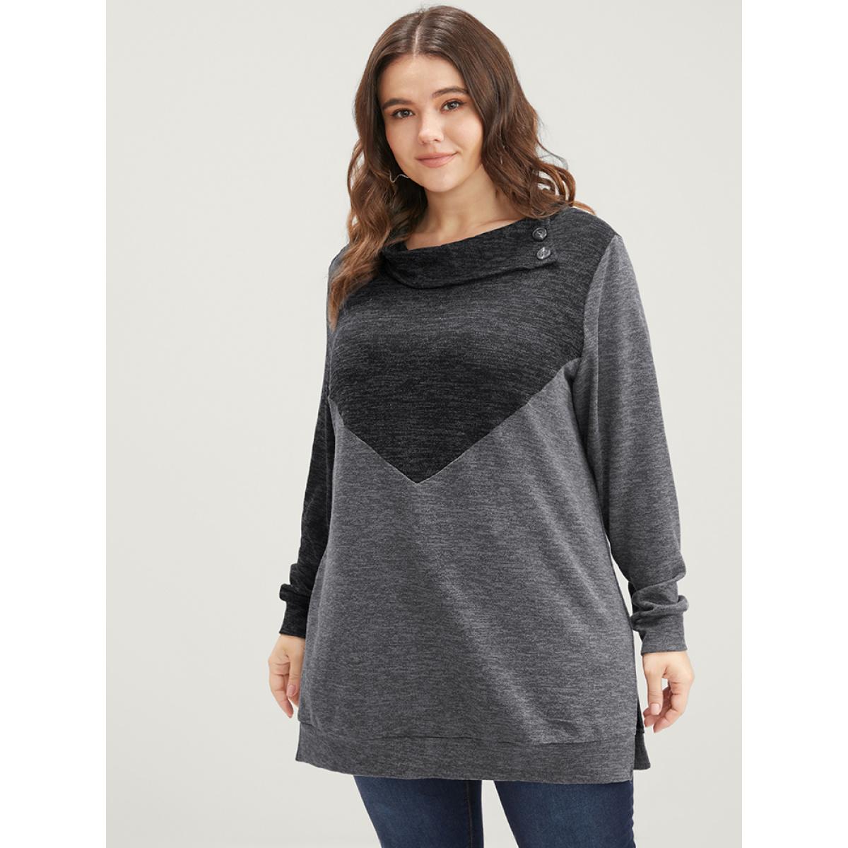 Plus Size Colorblock Contrast Button Detail Split Hem Sweatshirt Women DimGray Casual Overlap Collar Dailywear Sweatshirts BloomChic 12/L Product Image