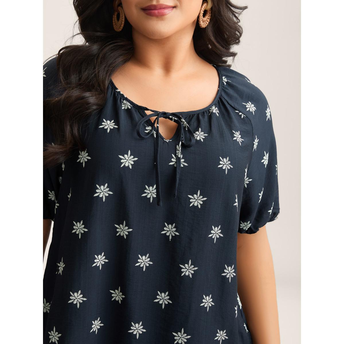 Plus Size Indigo Boho Print Keyhole Pleated Blouse Women Boho Half Sleeve V-neck Vacation Blouses BloomChic 22-24/3X Product Image