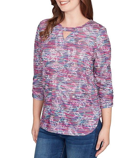 Ruby Rd. Slub Jersey Knit Paisley Keyhole Neck 3/4 Ruched Sleeve Top Product Image