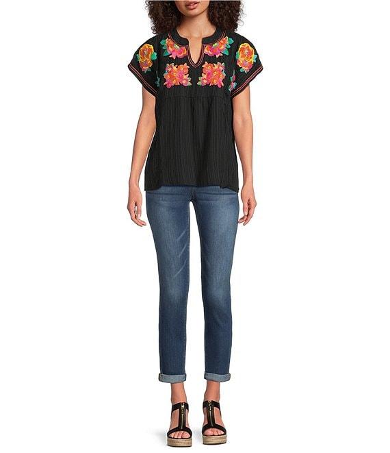 Calessa Petite Size Embroidered Split V-Neck Cap Sleeve Tunic Product Image