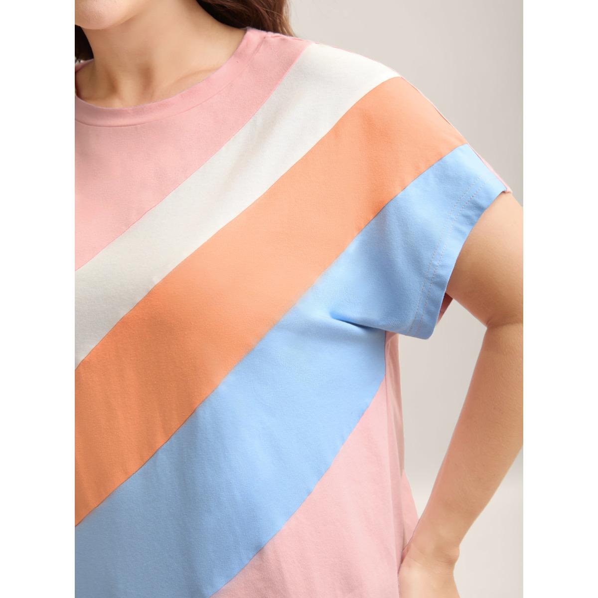 Plus Size Pure Cotton Colorful Stripes T-Shirt Multicolor Women Contrast Round Neck Everyday-Casual T-shirts BloomChic 12/L Product Image