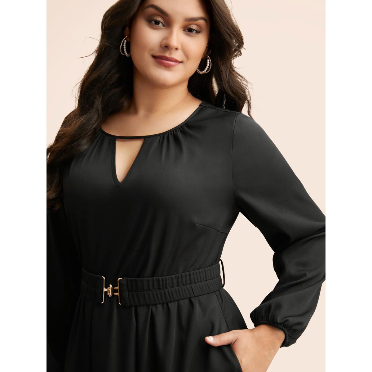 Plus Size Keyhole Metal Detail Belted Midi Dress Black Women Elegant Gathered Round Neck Long Sleeve Curvy BloomChic 14-16/1X Product Image