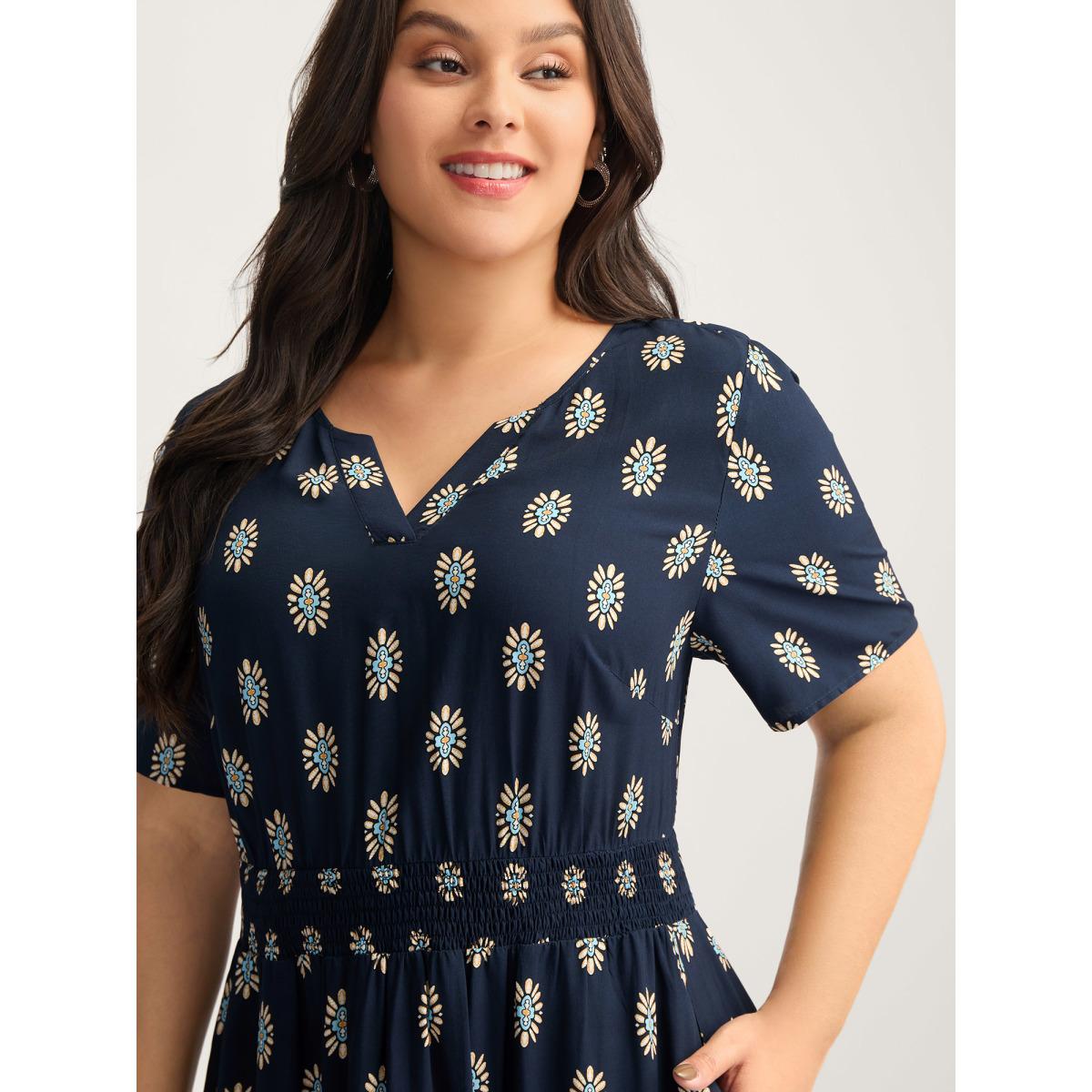 Plus Size Rayon Geometric Floral Print Shirred Midi Dress DarkBlue Women Office Notched collar Short sleeve Curvy BloomChic 18-20/2X Product Image