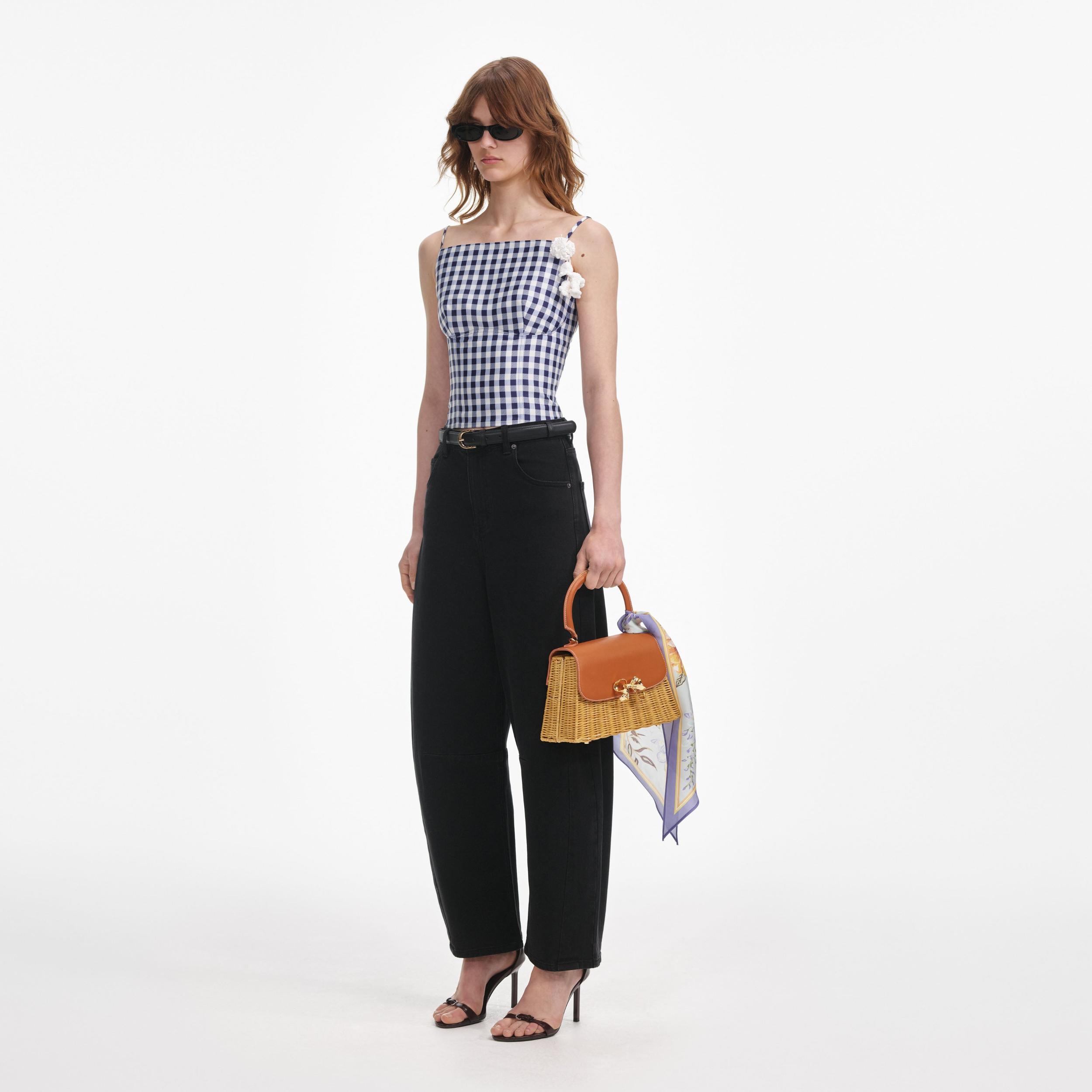 Navy Gingham Taffeta Top Product Image