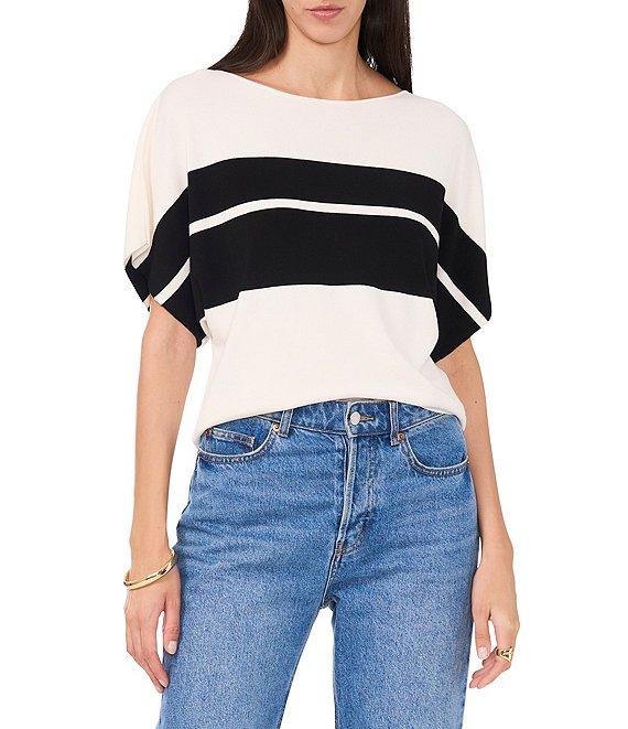 Vince Camuto Knit Boat Neck Cap Sleeve Color Block Stripe Sweater Product Image