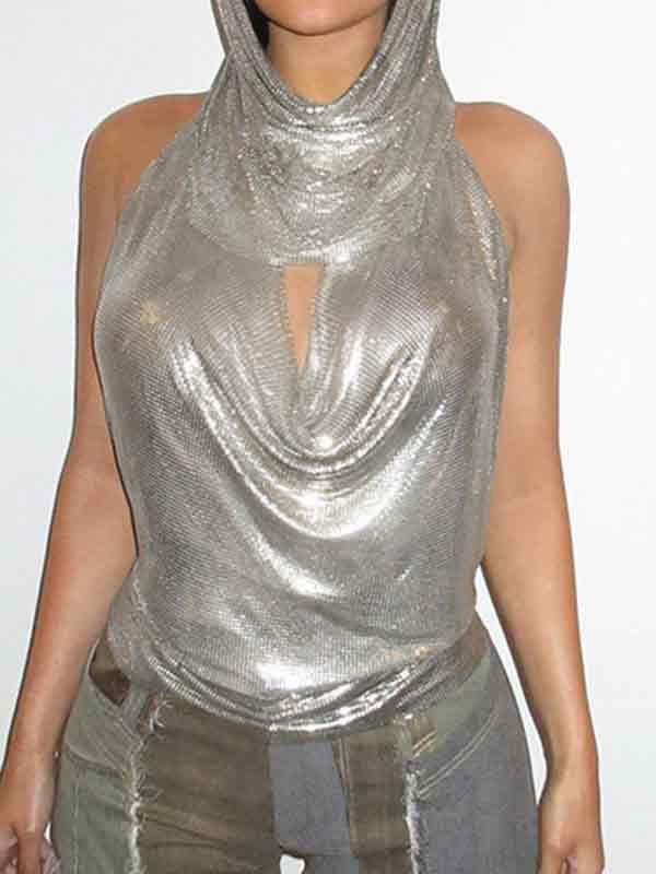 Glittering Stacked Neck Hooded Tank Top Product Image