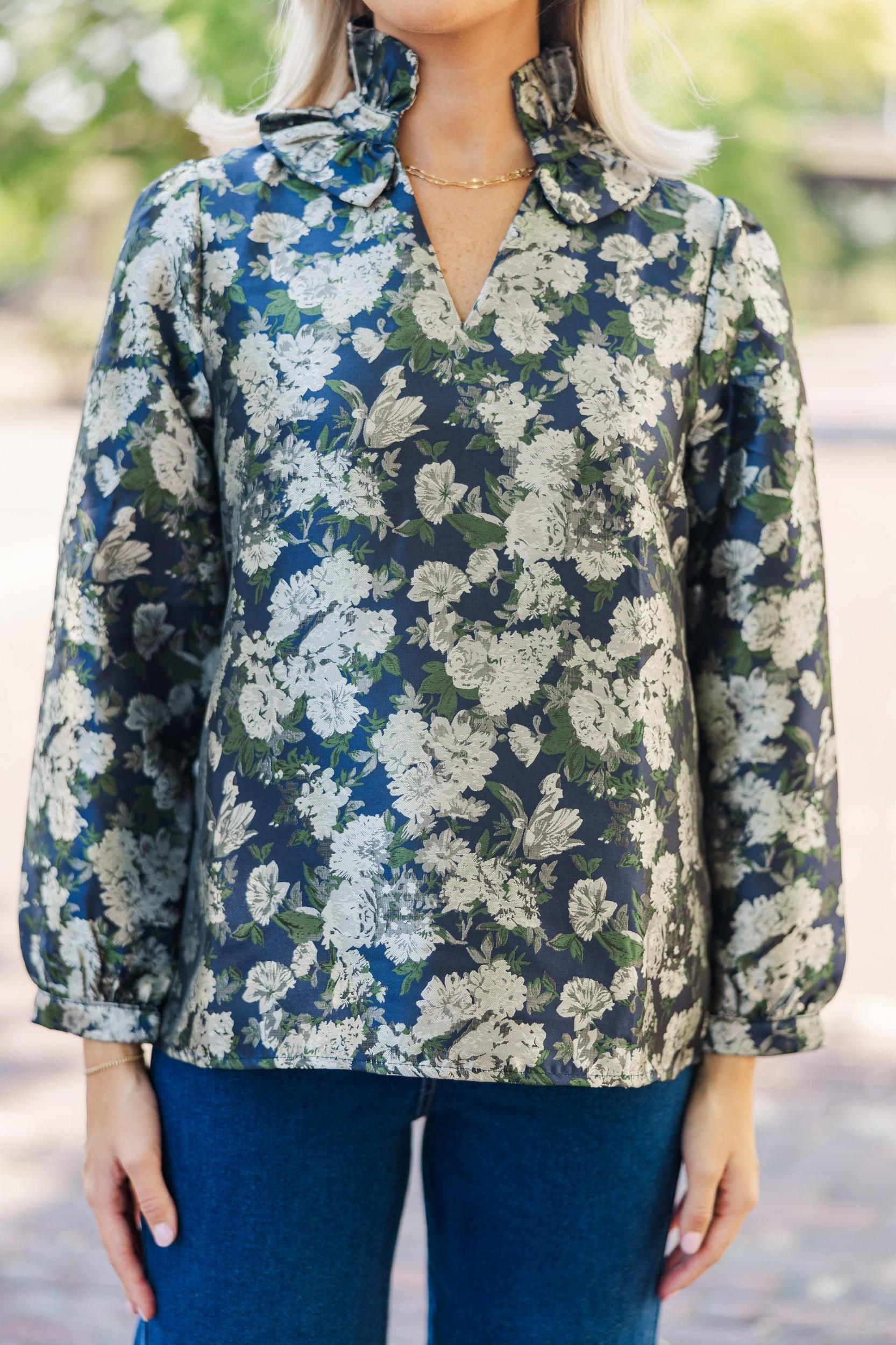 On Your Mind Navy Blue Floral Brocade Blouse Female Product Image