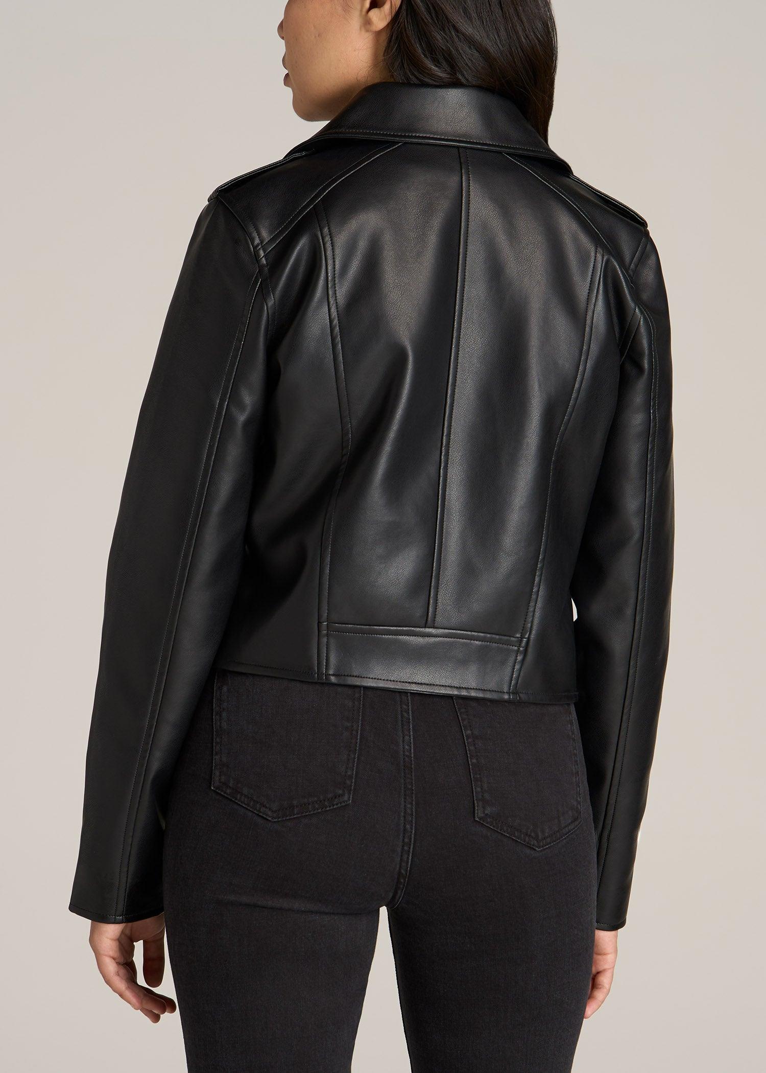 Cropped True Touch Leather Moto Jacket for Tall Women in Black Female Product Image
