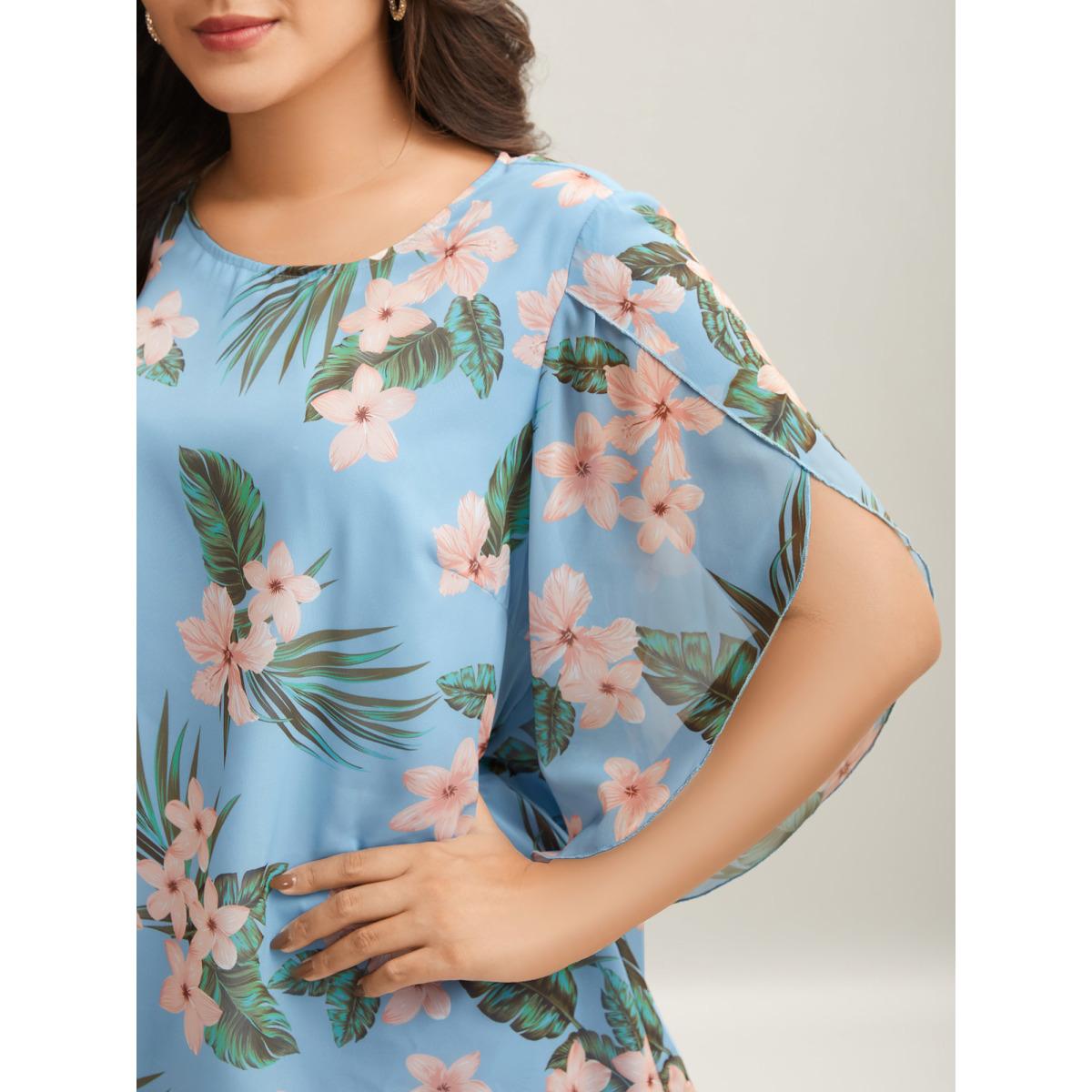 Plus Size LightBlue Petal Sleeve Floral Round Neck Shirt Women Resort Elbow-length sleeve Round Neck Vacation Blouses BloomChic 22-24/3X Product Image
