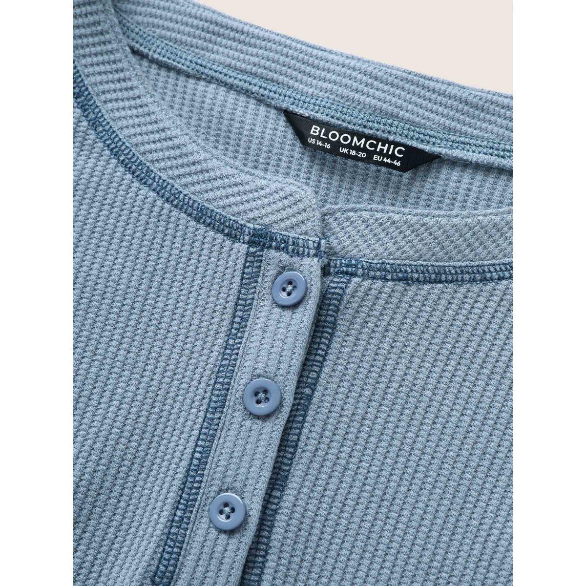 Plus Size Waffle Knit Round Neck Button Up T-shirt Stone Women Casual Button Round Neck Everyday T-shirts BloomChic 28/5X Product Image