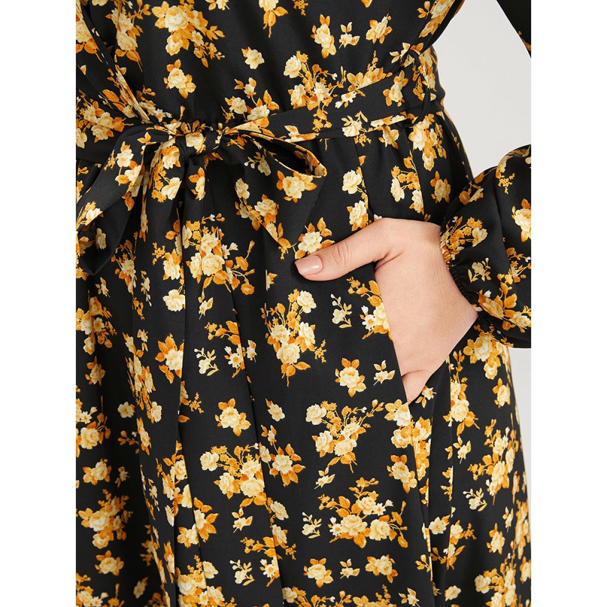 Plus Size Floral Printed Pocket Lantern Sleeve Belted Wrap Midi Dress Black Women Elegant V-neck Long Sleeve Curvy Midi Dress BloomChic 30/6X Product Image