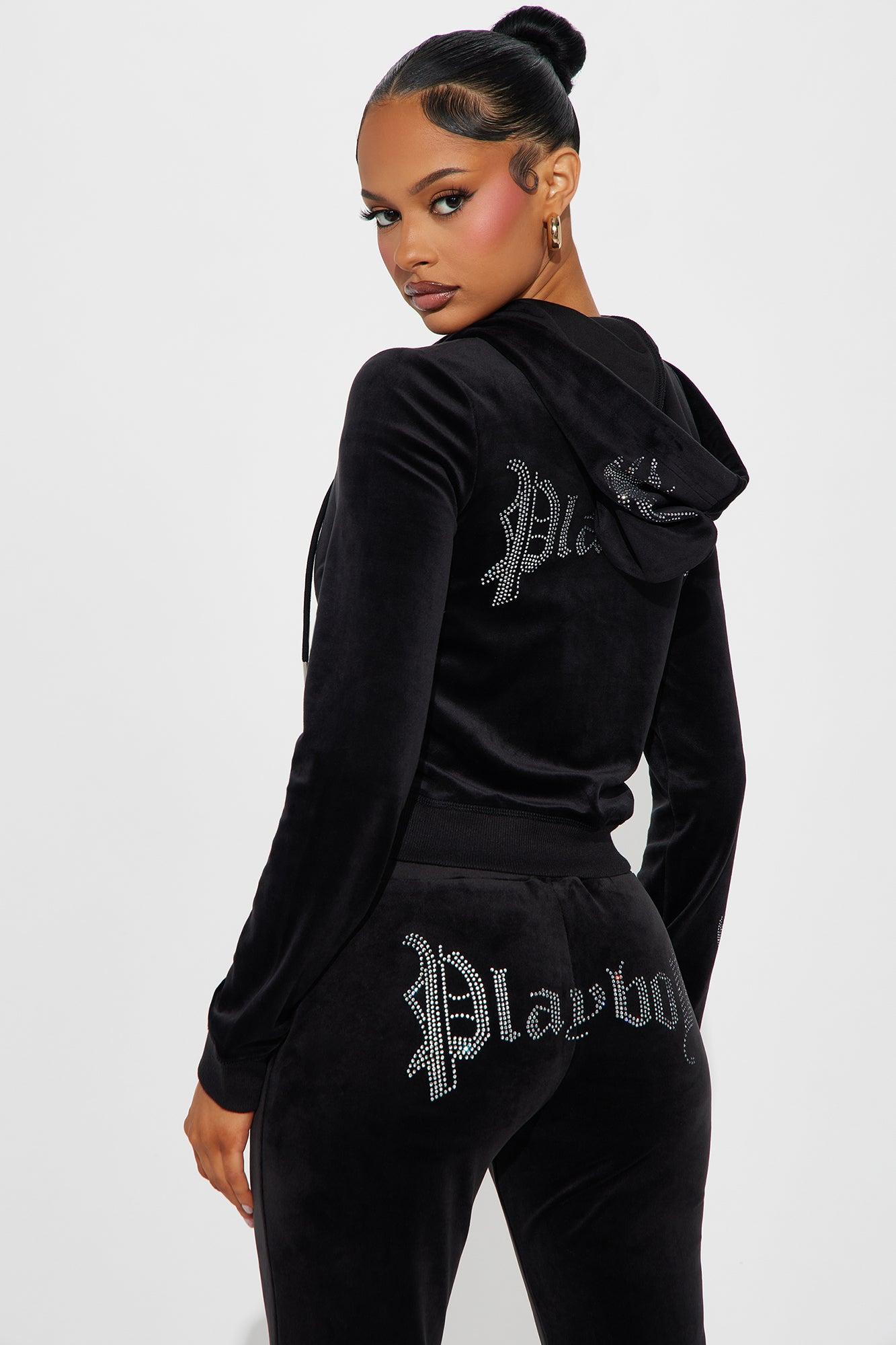 Playboy Iconic Velour Zip Front Hoodie - Black Product Image