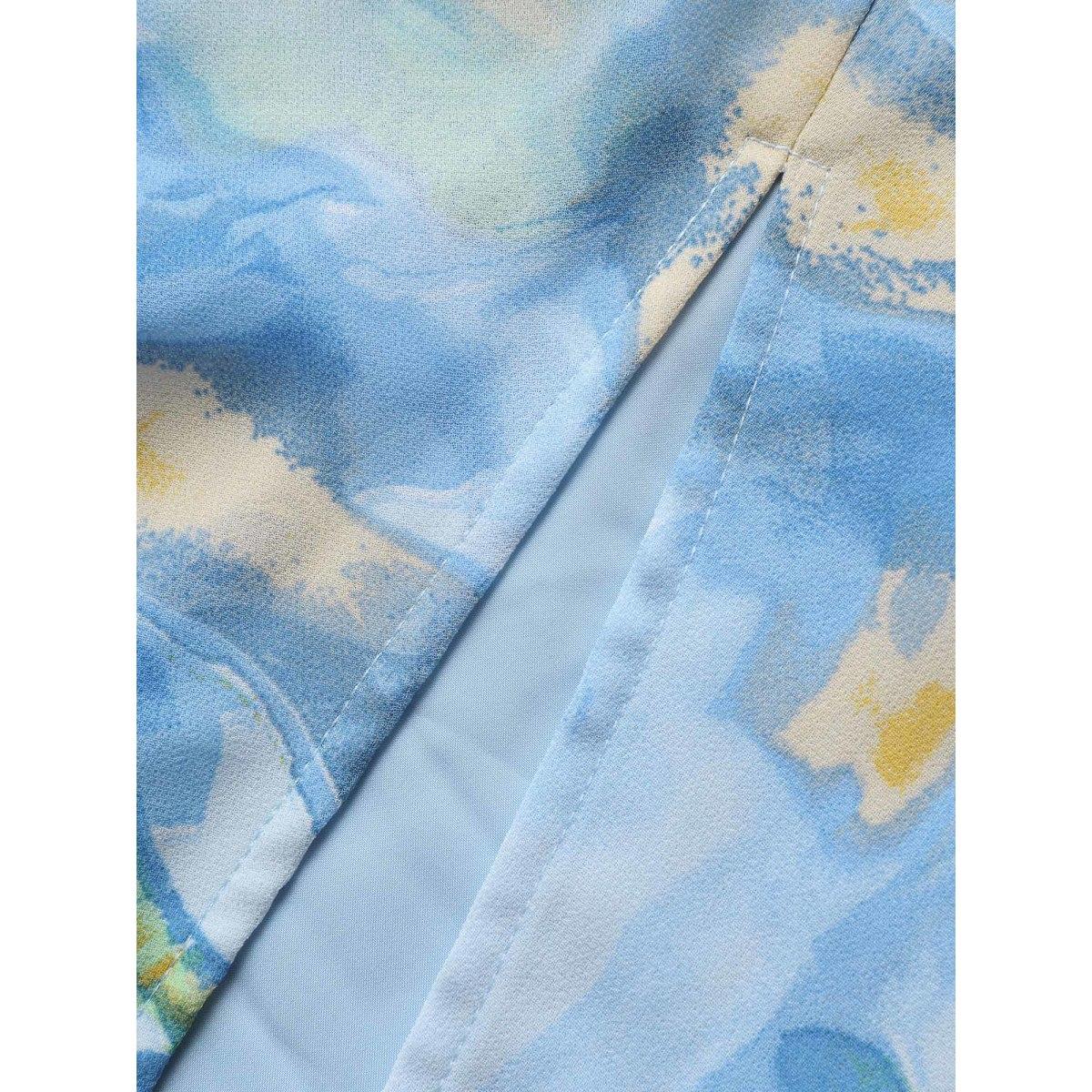 Plus Size Watercolor Floral Ruffle Trim Slit Hem Dress LightBlue Women Elegant Slit Non Sleeveless Curvy BloomChic 12/L Product Image