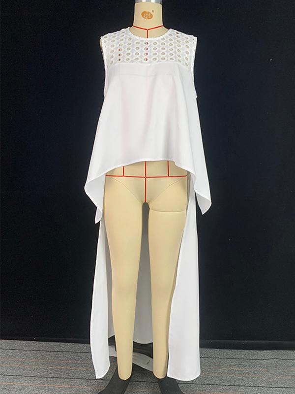 High-Low Loose Embroidered Solid Color Round-Neck Vest Top Product Image