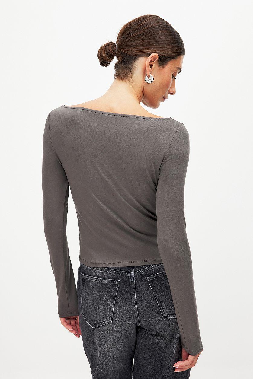 Boat Neck Long Sleeve Top Grey Product Image