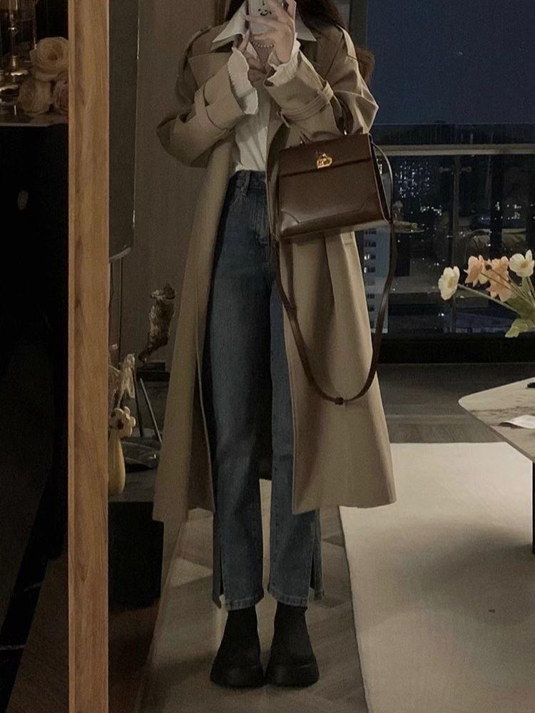 Lapel Collar Plain Double Breasted Trench Coat Product Image