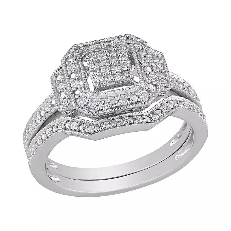 Stella Grace Sterling Silver 1/4 ct. T.W. Diamond Halo Engagement Ring Set, Women's, Size: 7 Product Image