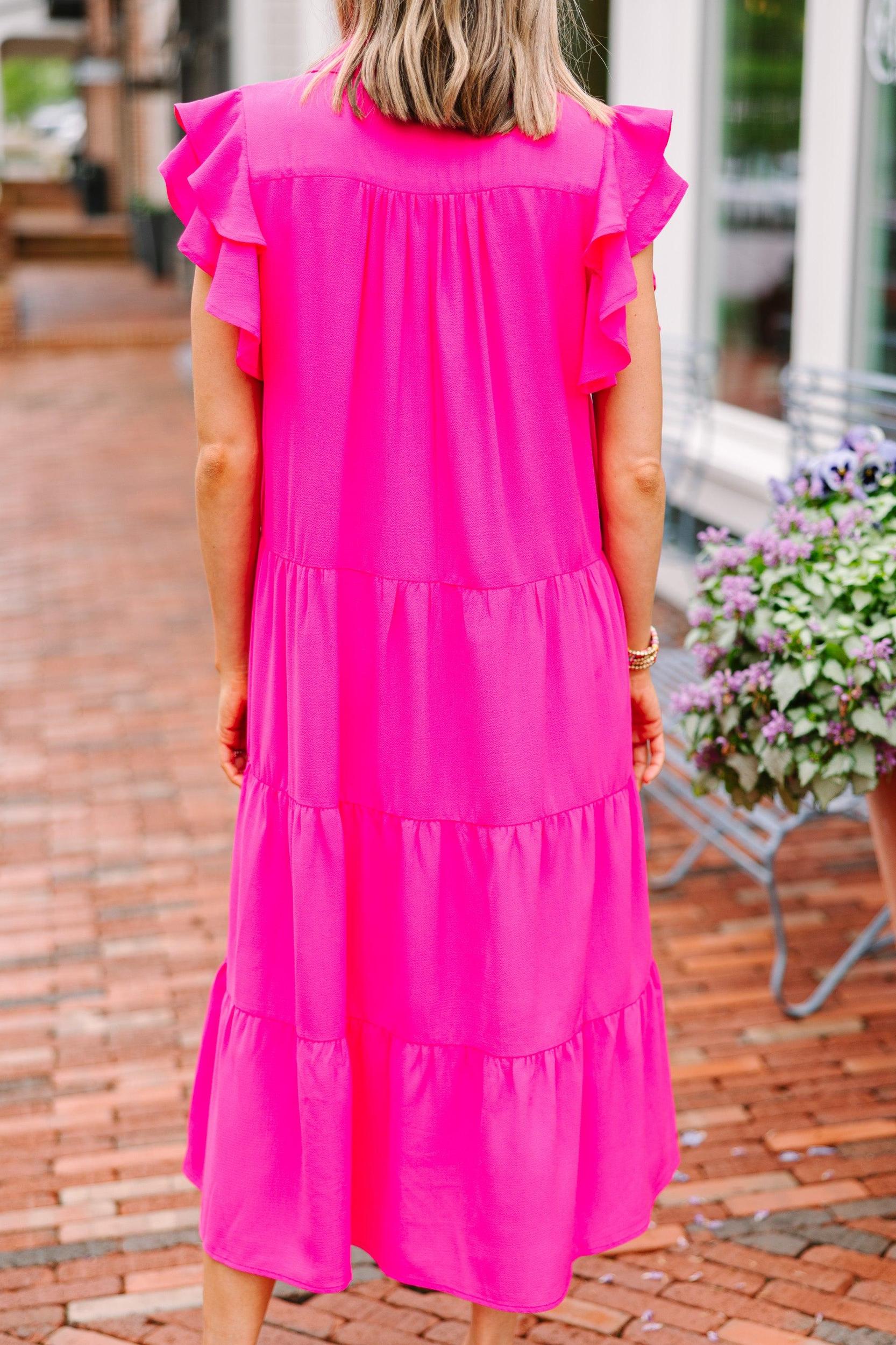 Look You Up Fuchsia Pink Ruffled Midi Dress Female Product Image