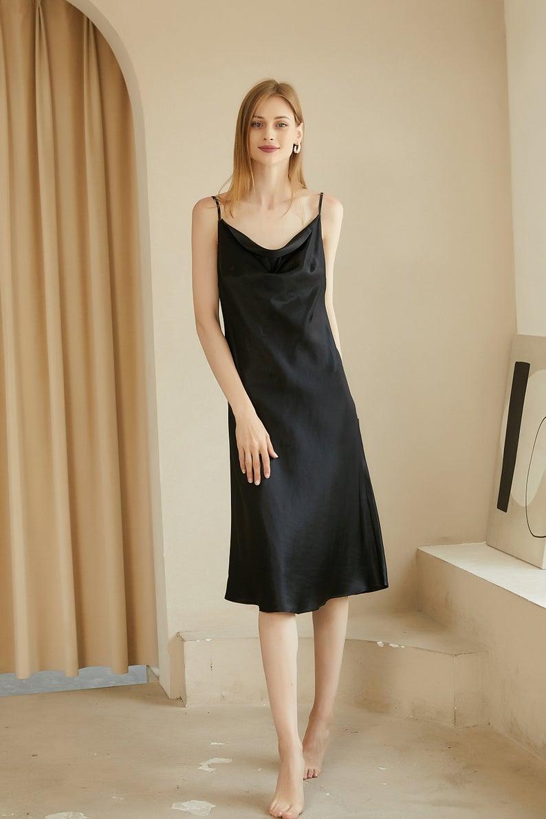 Rebirth of Venus | Black Silk Cowl Neck Slip Dress | Midi Dress with Adjustable Straps | 22 Momme | Float Collection Product Image
