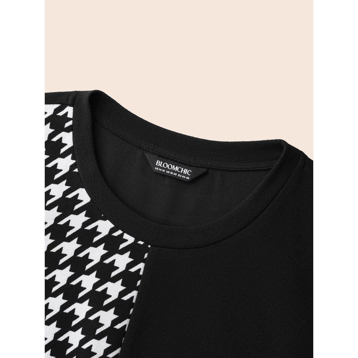 Plus Size Houndstooth Patchwork Elastic Waist Dress Black Women At the Office Patchwork Round Neck Long Sleeve Curvy BloomChic 22-24/3X Product Image