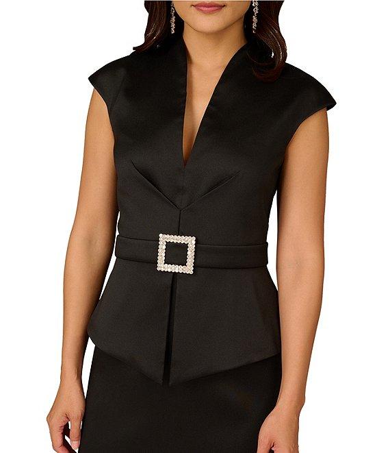 Aidan Mattox Mikado Rhinestone Buckle At Waist V-Neck Cap Sleeve Sheath Midi Dress Product Image