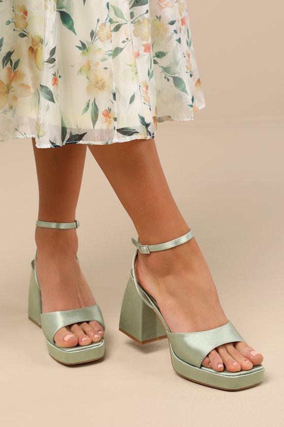 Shirine Sage Satin Platform Ankle Strap Heels Product Image