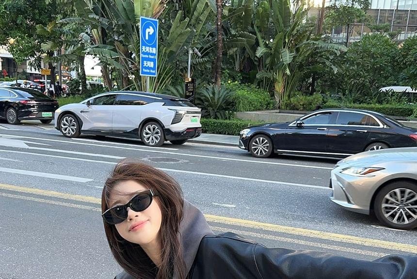 Plain Zip-Up Hoodie / Faux Leather Bomber Jacket Product Image